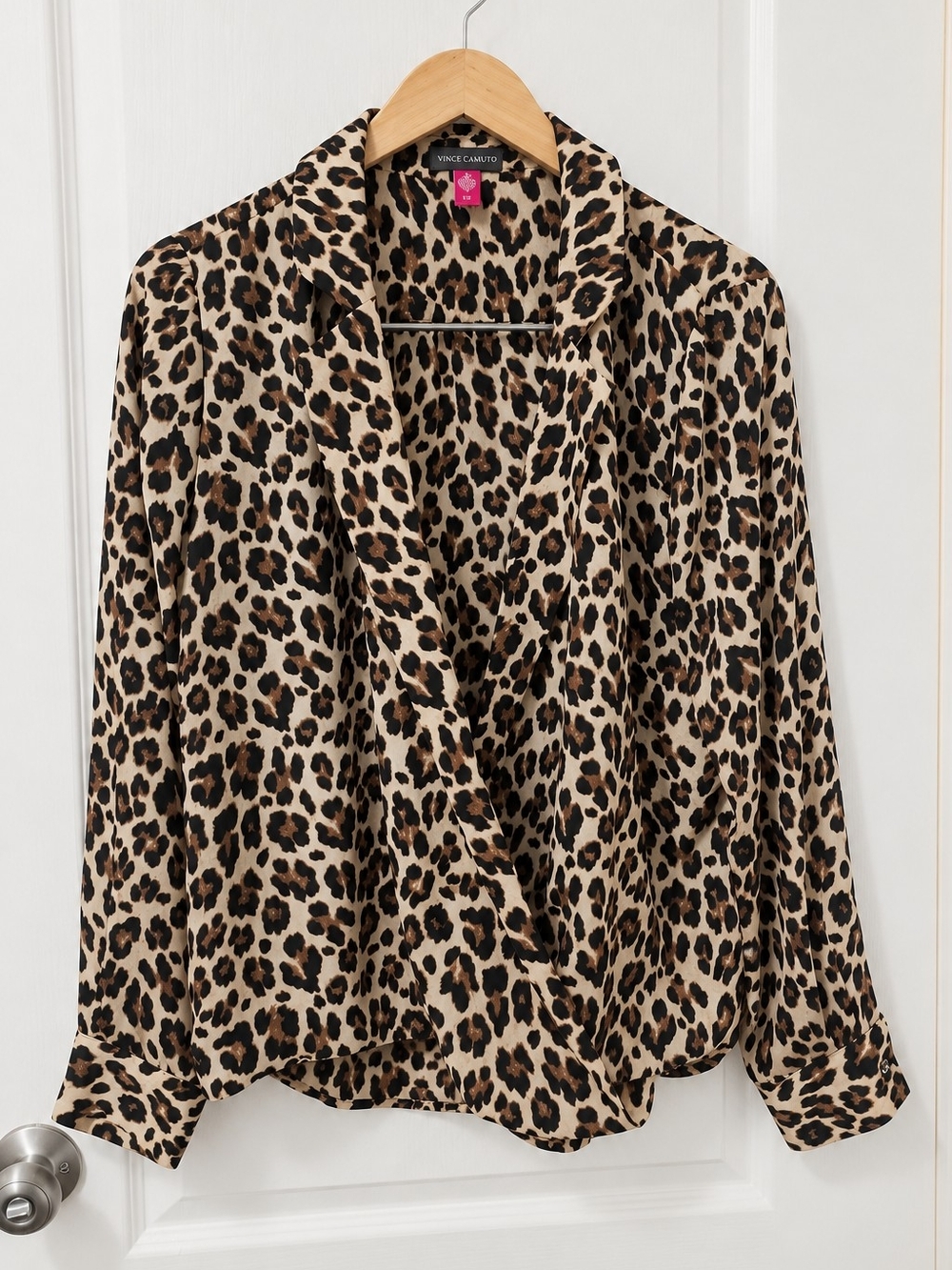 Vince Camuto Leopard Print Wrap-Style Blouse in Tan and Black
